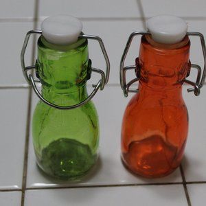 EMPTY Vintage Orange Green Glass mini Bottles Wire Bale Clamp Lid and Closure
